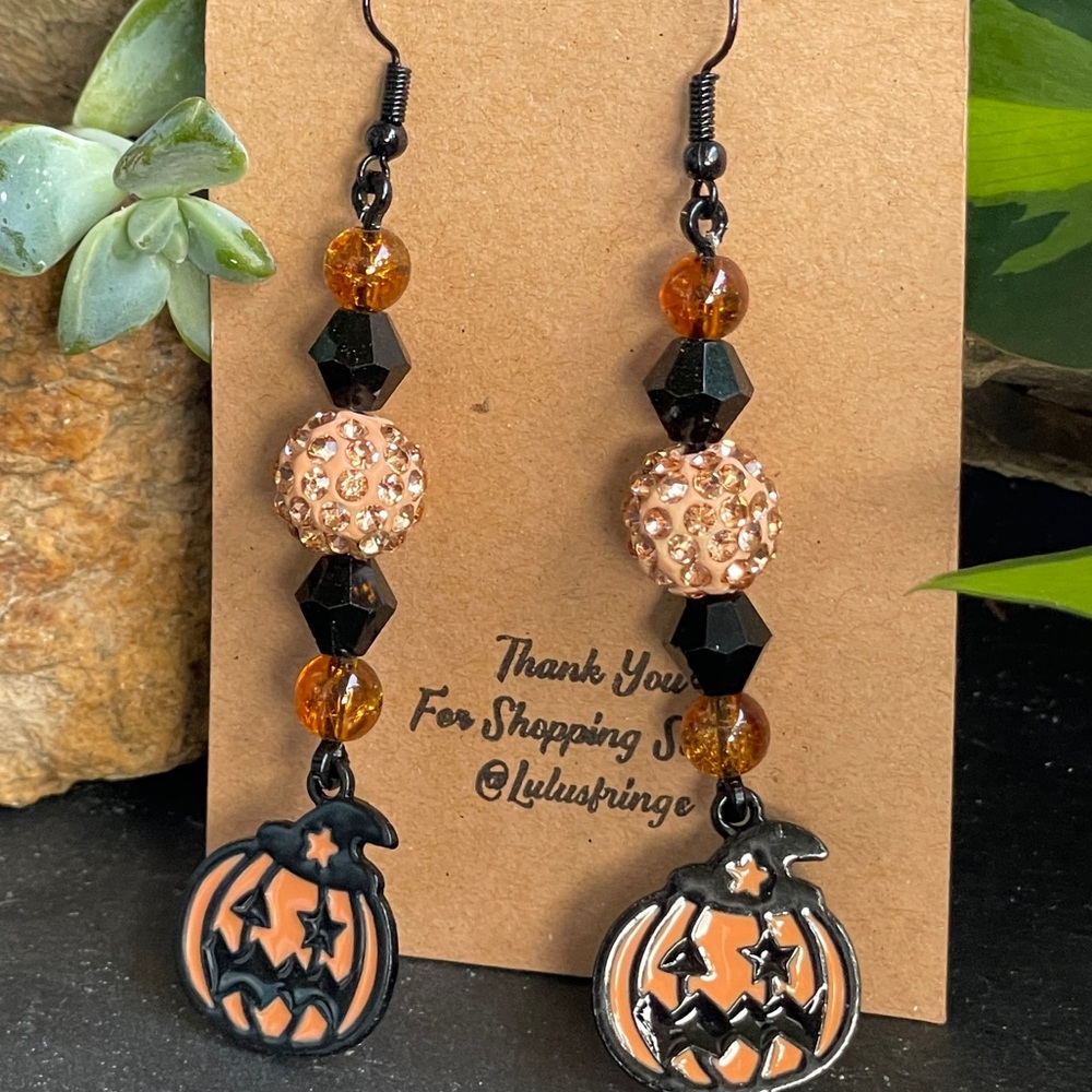 Artisan Pumpkin Halloween Dangle Earrings - Black and Orange